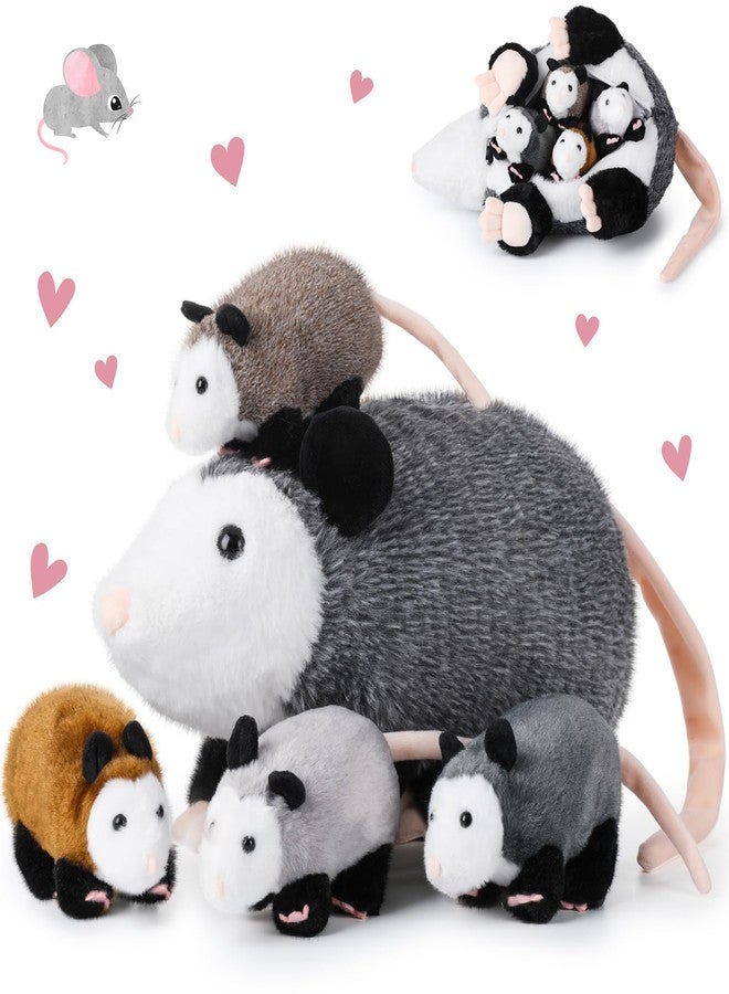 Arrowbash 5 Pcs Opossum Stuffed Animals Set: 14'' Large Mommy Possum Plush with 4 Small Babies Opossums in Zippered Tummy Stuffed Plush Toys Gift for Kids Girls Boys Christmas Birthday Possum Lover - Image 1